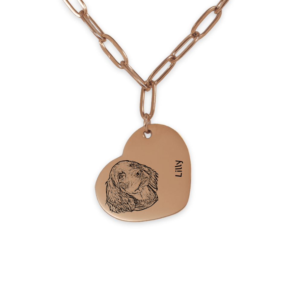Pet Portrait Heart Necklace with Paperclip Chain