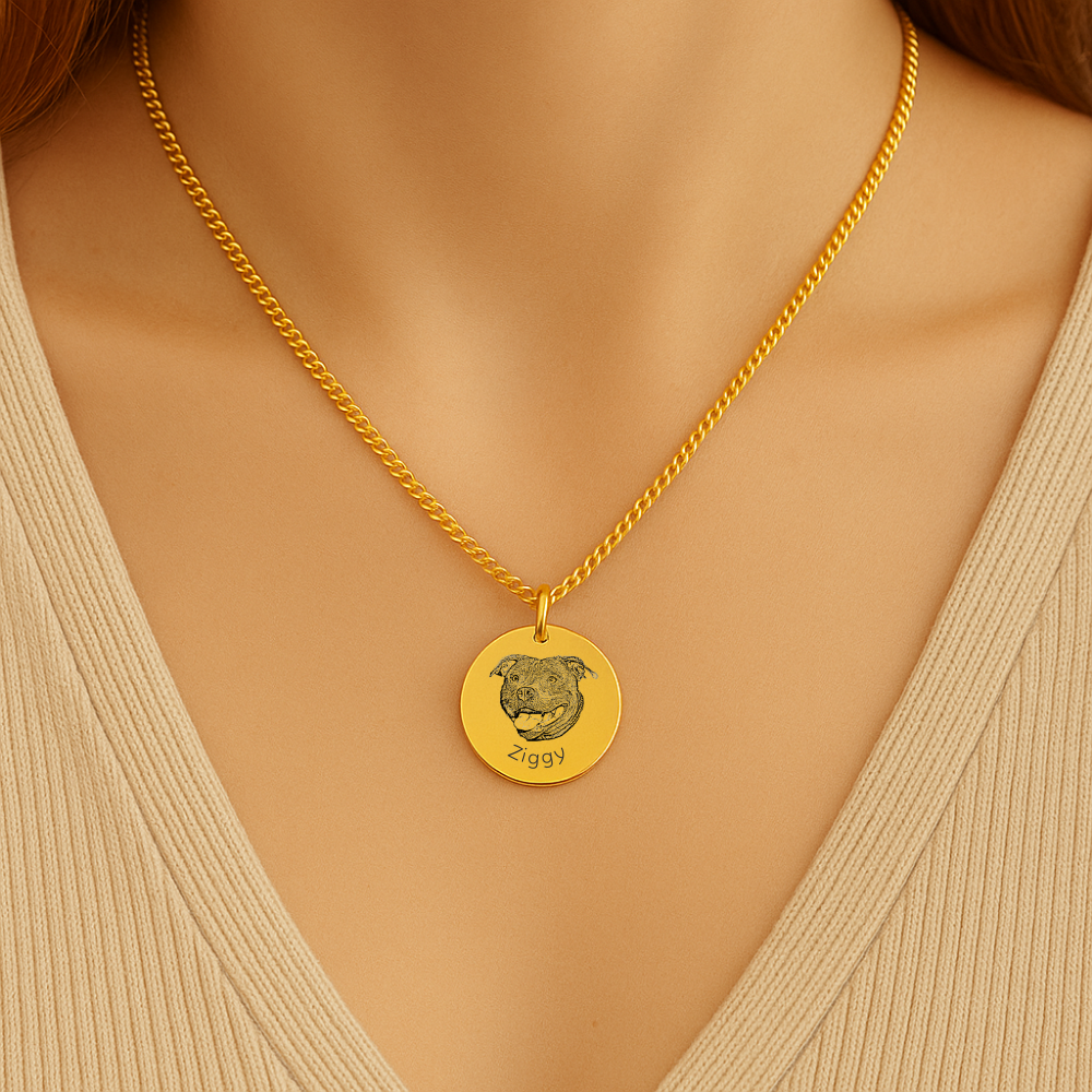 Pet Portrait Coin Necklace with Cuban Chain