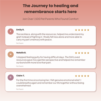 A promotional graphic with a peach-to-pink gradient background and the headline 'The Journey to healing and remembrance starts here.' Below, three customer testimonial cards are shown with pet parent names, star ratings, and quote text.