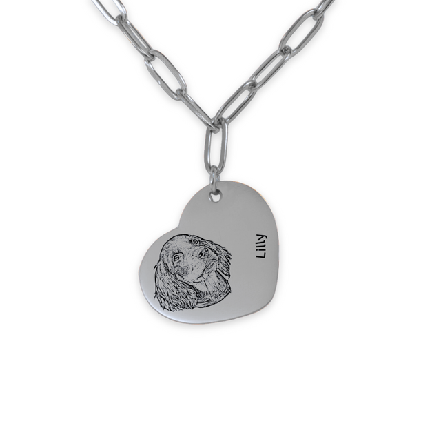 Pet Portrait Heart Necklace with Paperclip Chain