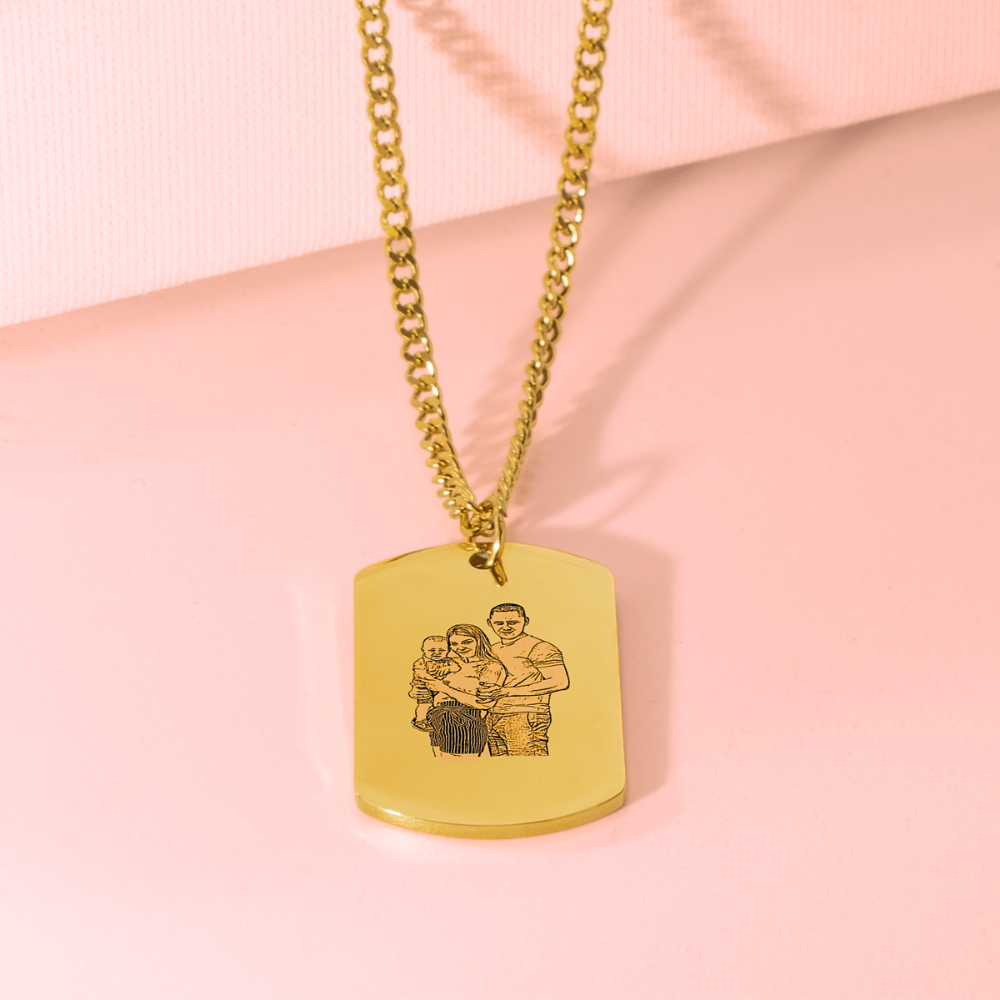 Portrait Tag Necklace with Cuban Chain