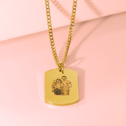 Portrait Tag Necklace with Cuban Chain