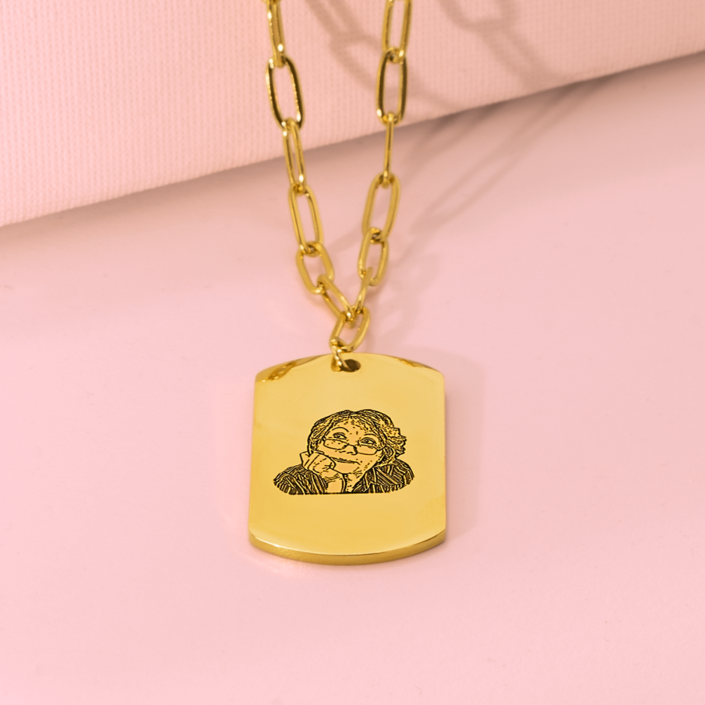 Portrait Tag Necklace with Paperclip Chain