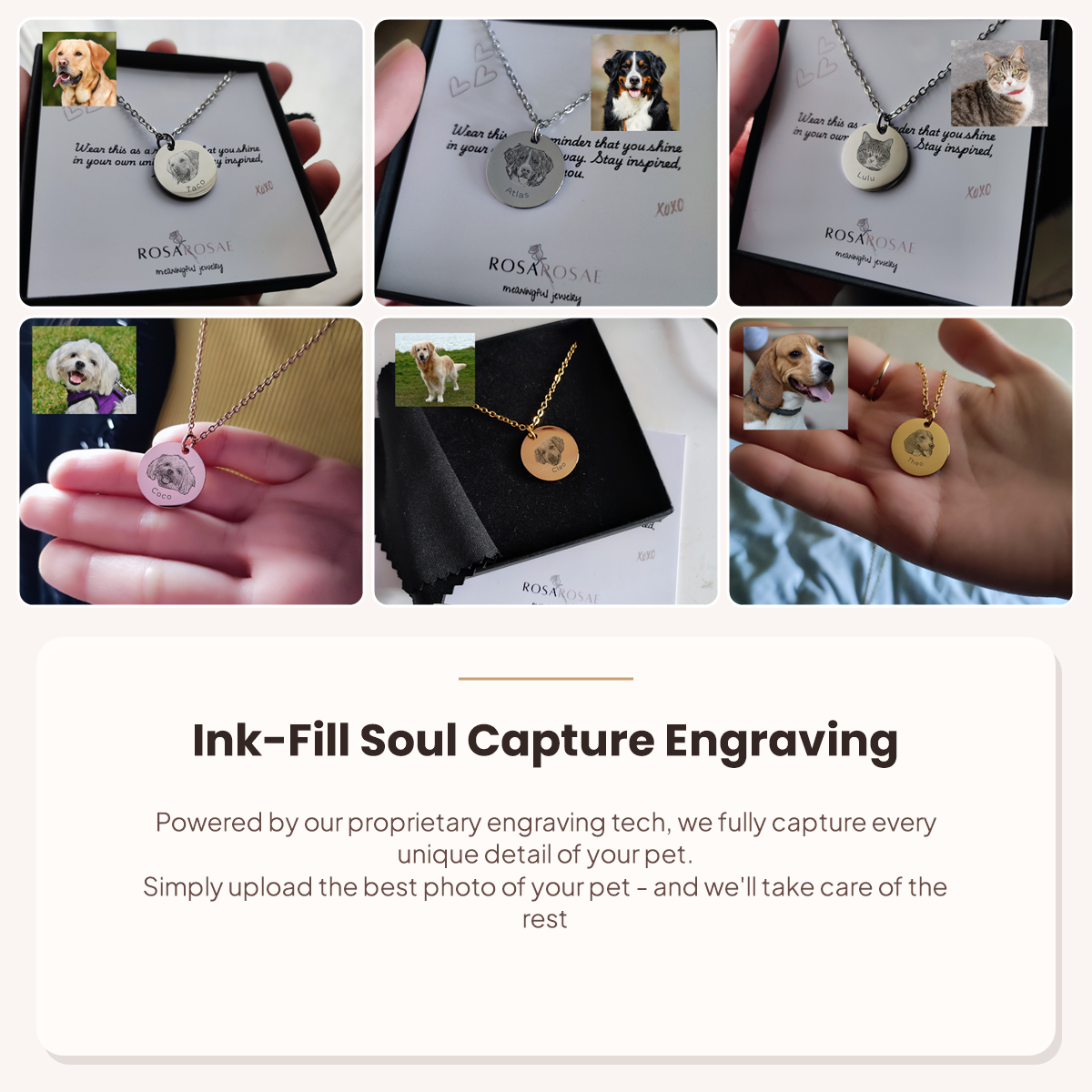 Six-panel collage showing pet portrait necklaces displayed on cards and held in hands, with text below reading 'Ink-Fill Soul Capture Engraving' and a promotional description about capturing pet photos.